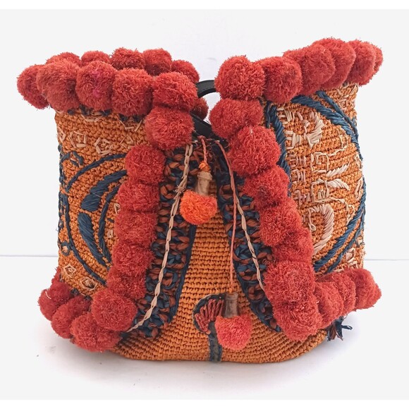 Bohemian Orange and Red Pom-Pom Shoulder Bag - Picture 8 of 16